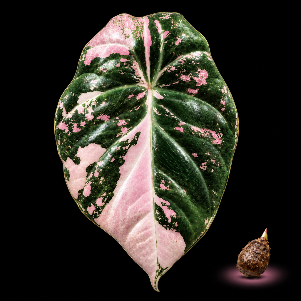 Alocasia 'Black Velvet' Pink Variegated Corm — live Alocasia corm for sale