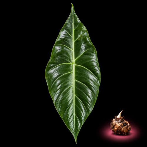 Alocasia acuminata mature leaf with Alocasia corm on black background