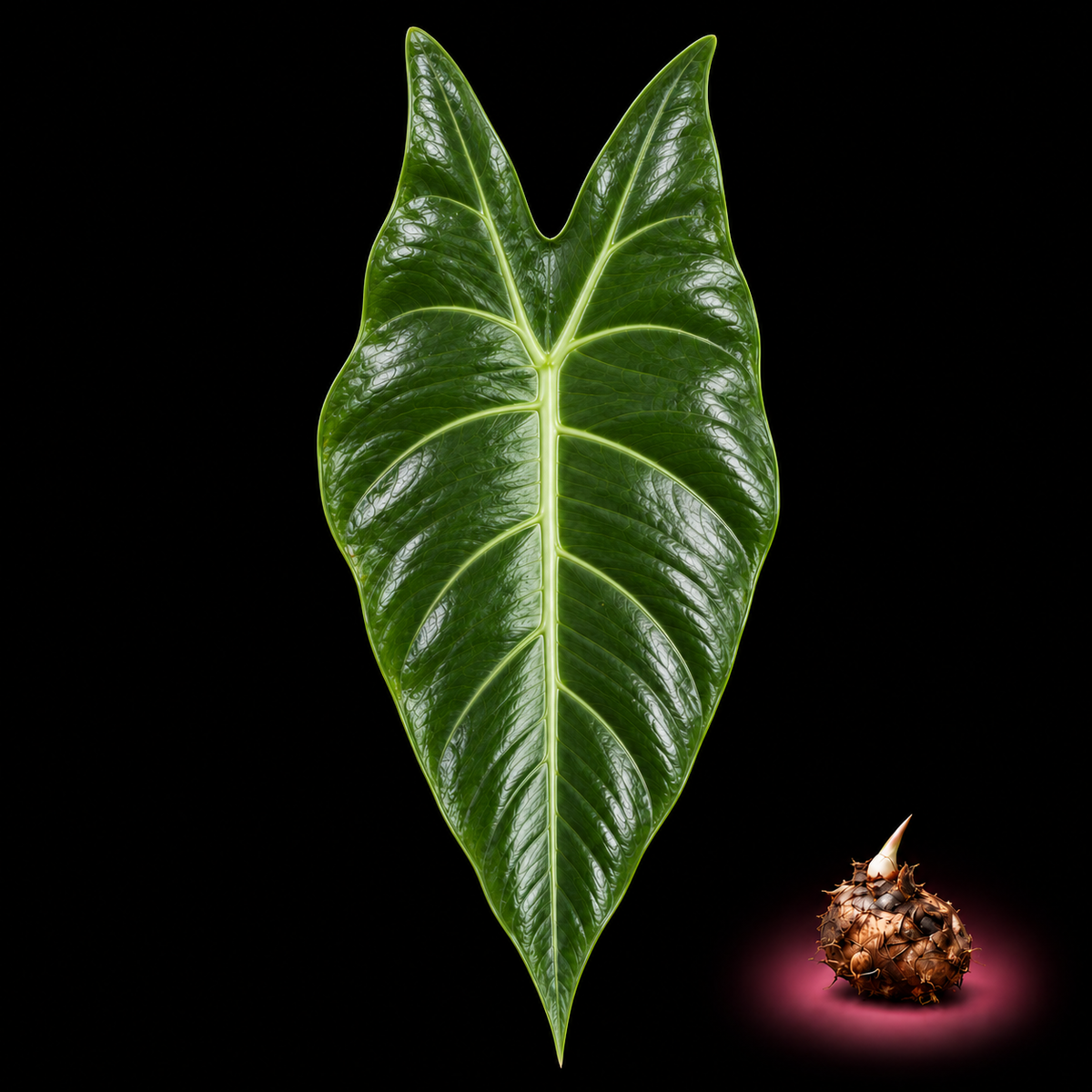 Alocasia alba mature leaf with Alocasia corm on black background