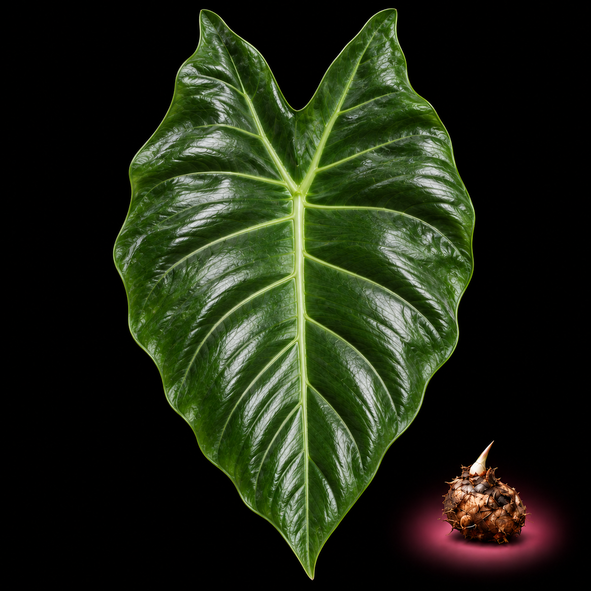 Alocasia arifolia mature leaf with Alocasia corm on black background