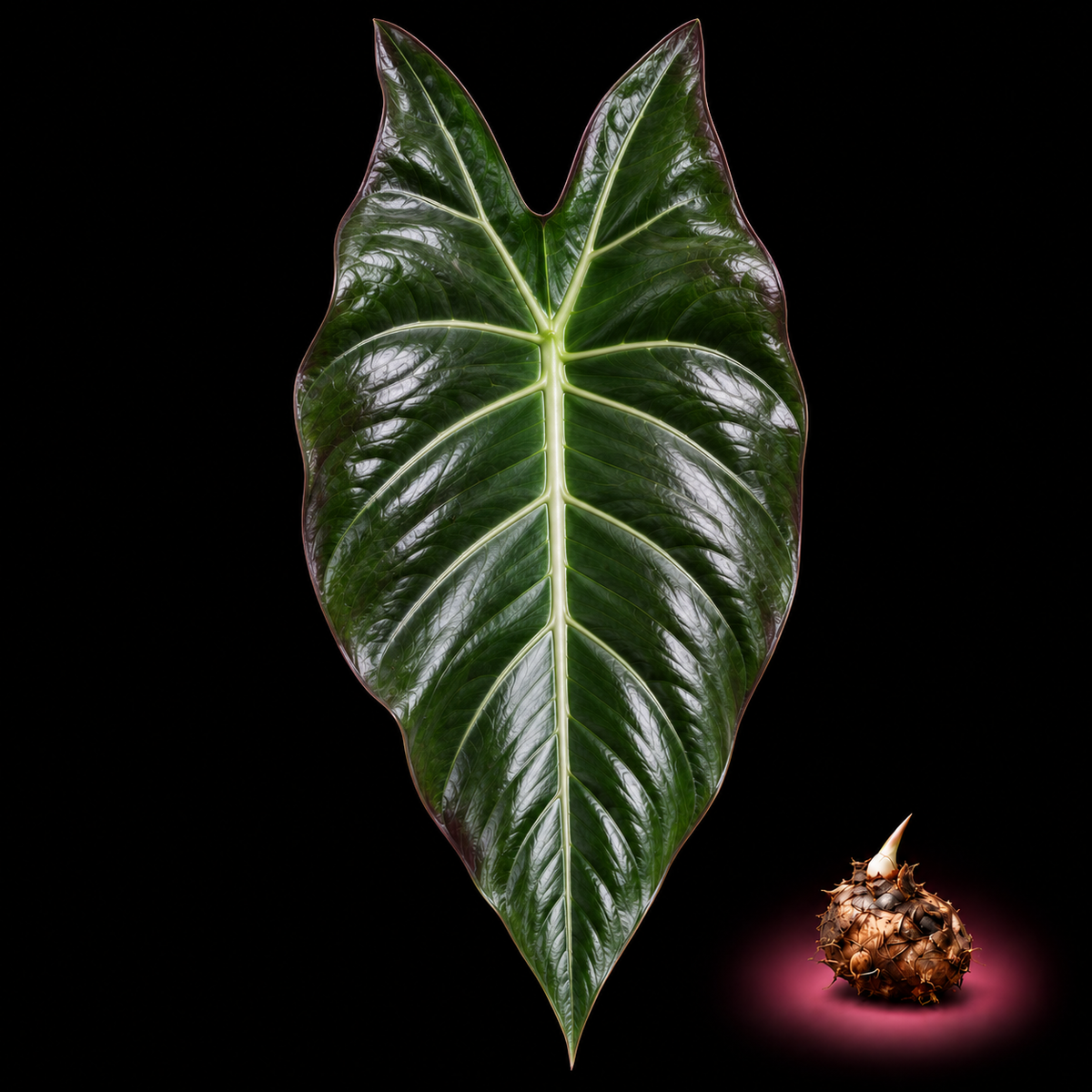 Alocasia atropurpurea mature leaf with Alocasia corm on black background