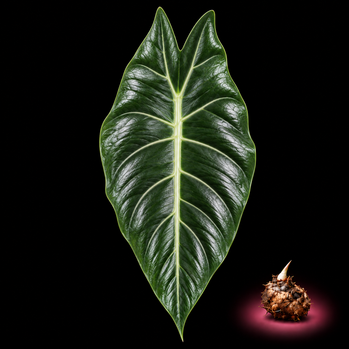 Alocasia augustiana mature leaf with Alocasia corm on black background