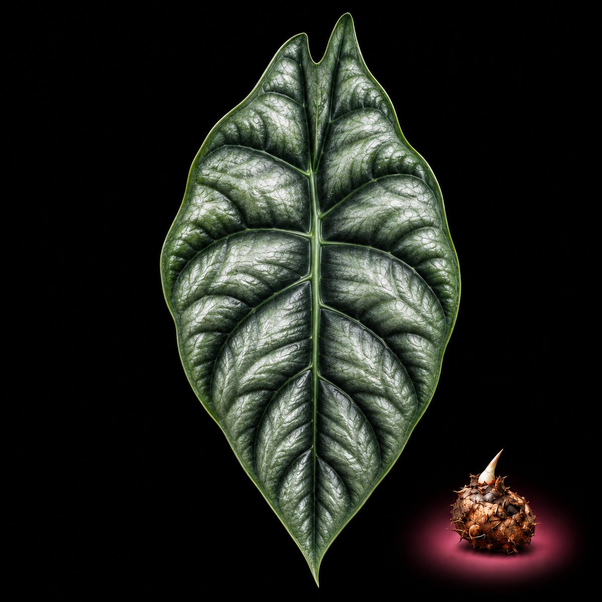 Alocasia baginda mature leaf with Alocasia corm on black background