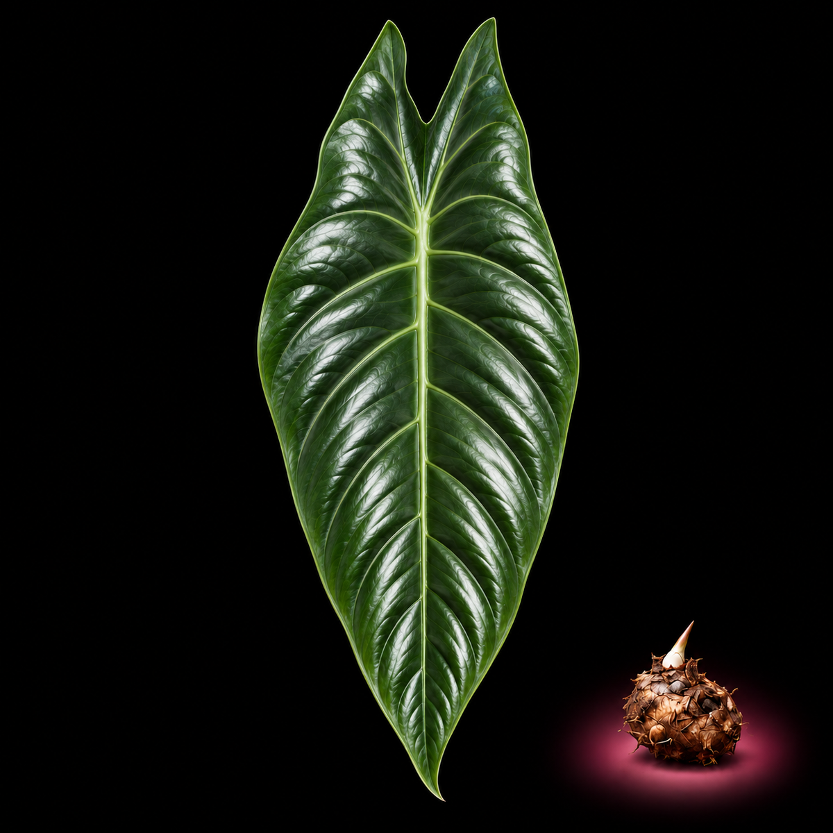 Alocasia celebica mature leaf with Alocasia corm on black background