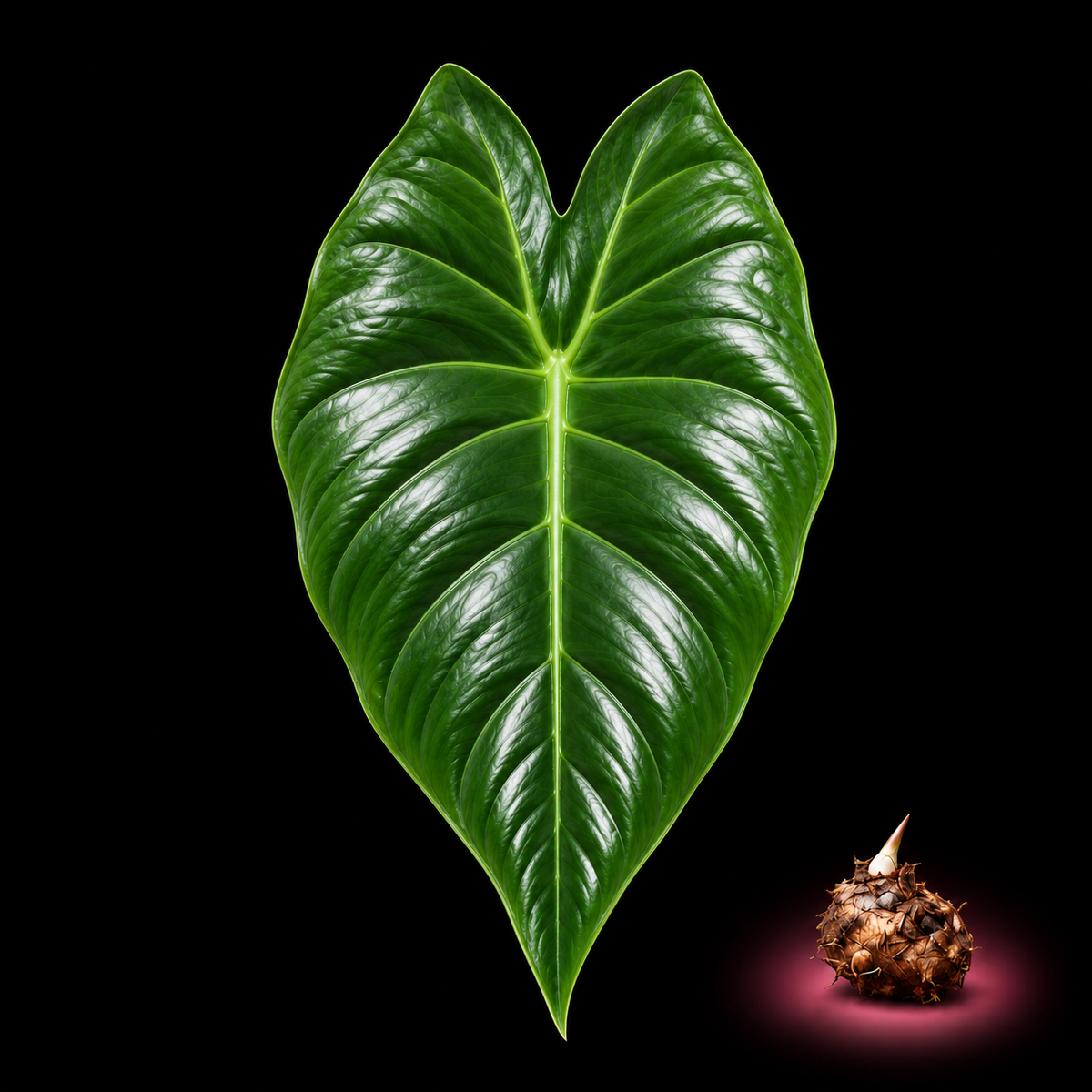 Alocasia clypeolata mature leaf with Alocasia corm on black background