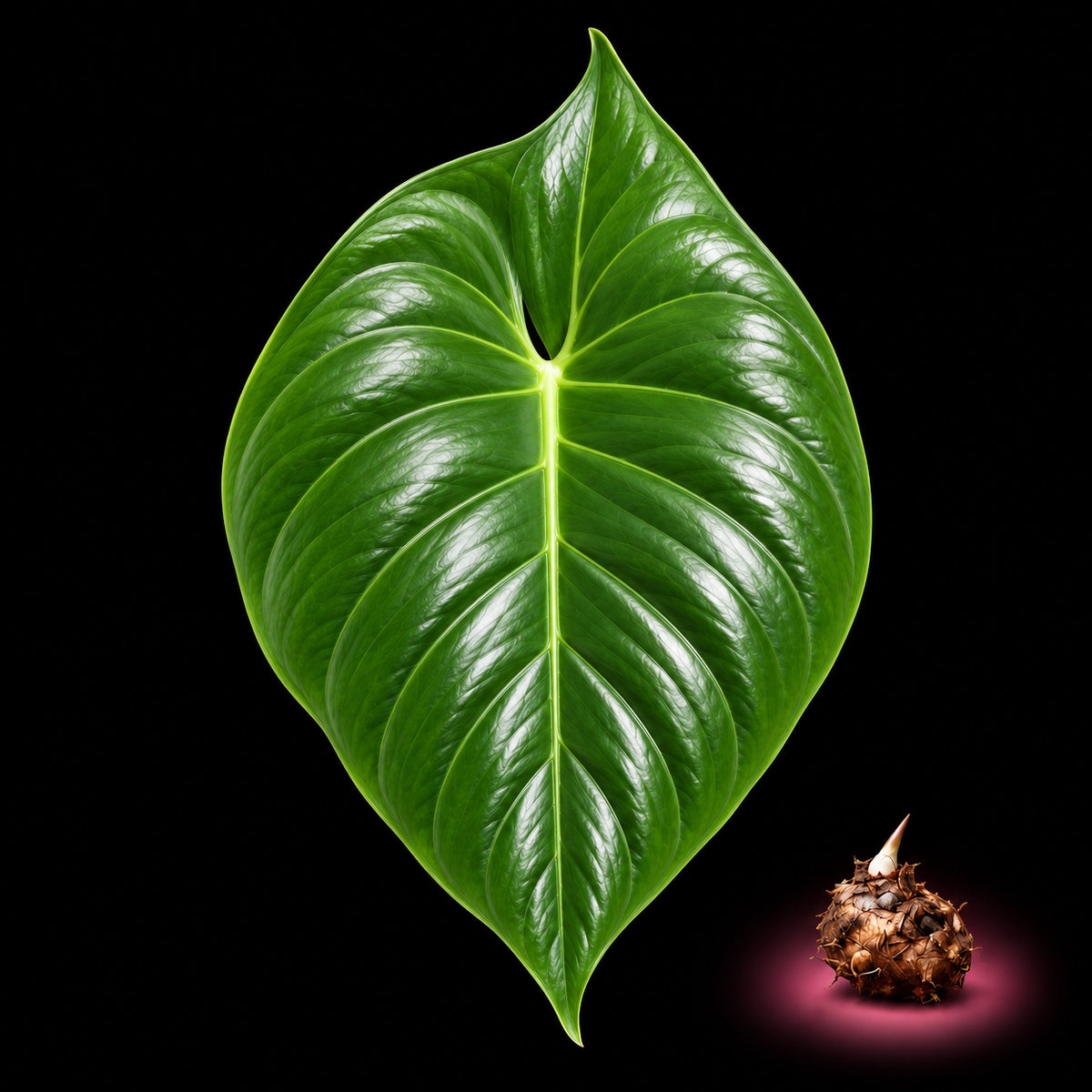 Alocasia cucullata mature leaf with Alocasia corm on black background