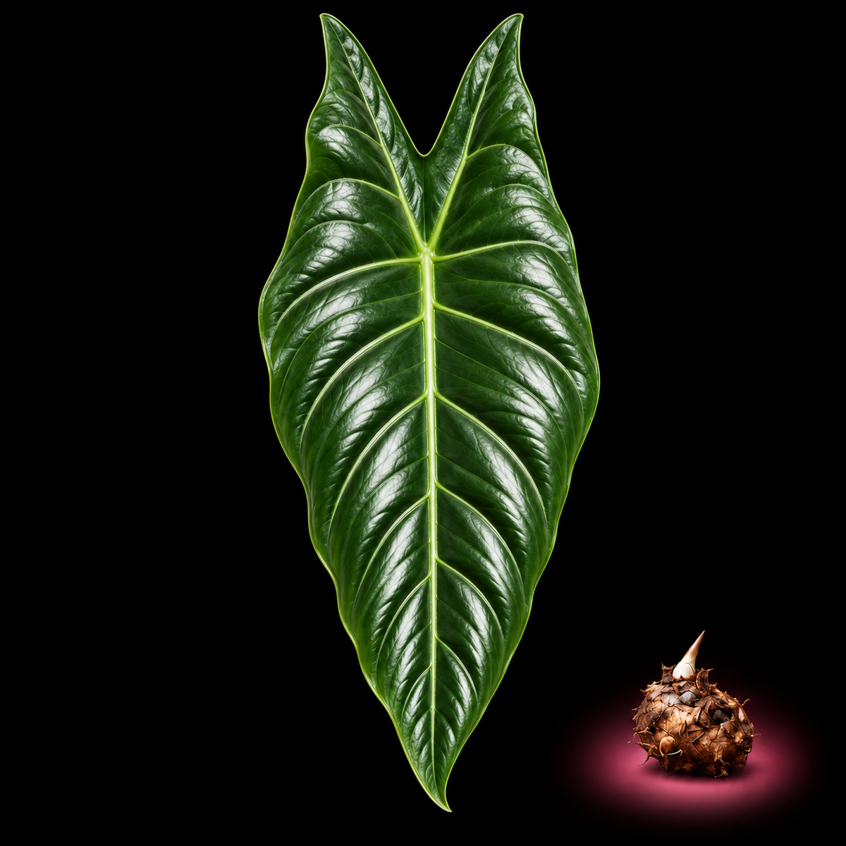 Alocasia culionensis mature leaf with Alocasia corm on black background