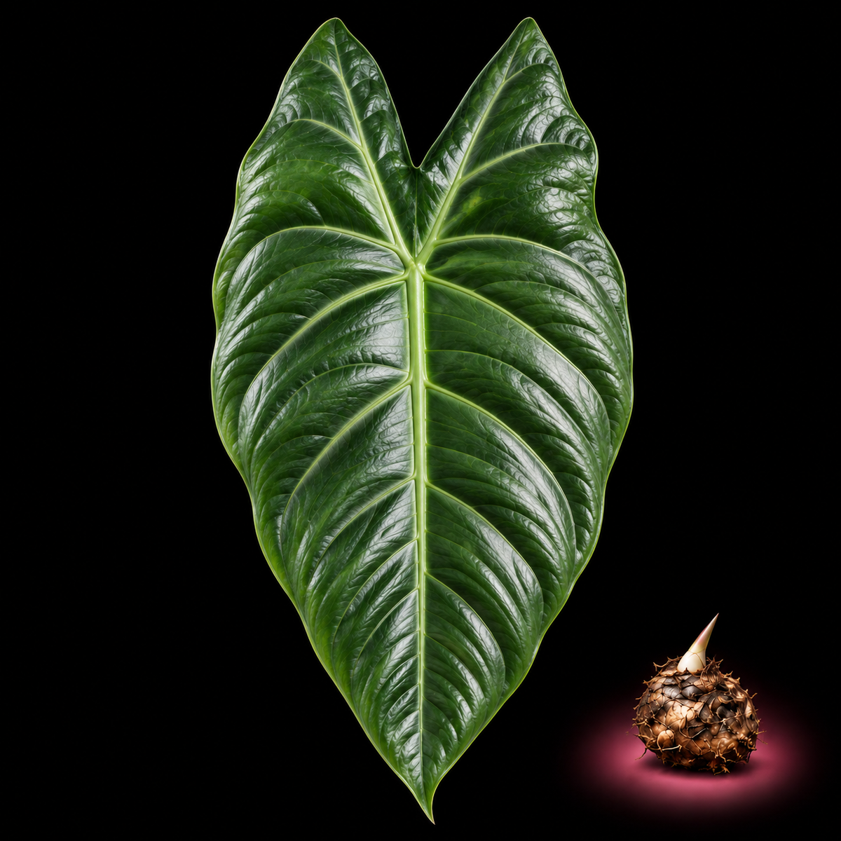 Alocasia devansayana mature green leaf with Alocasia corm on black background