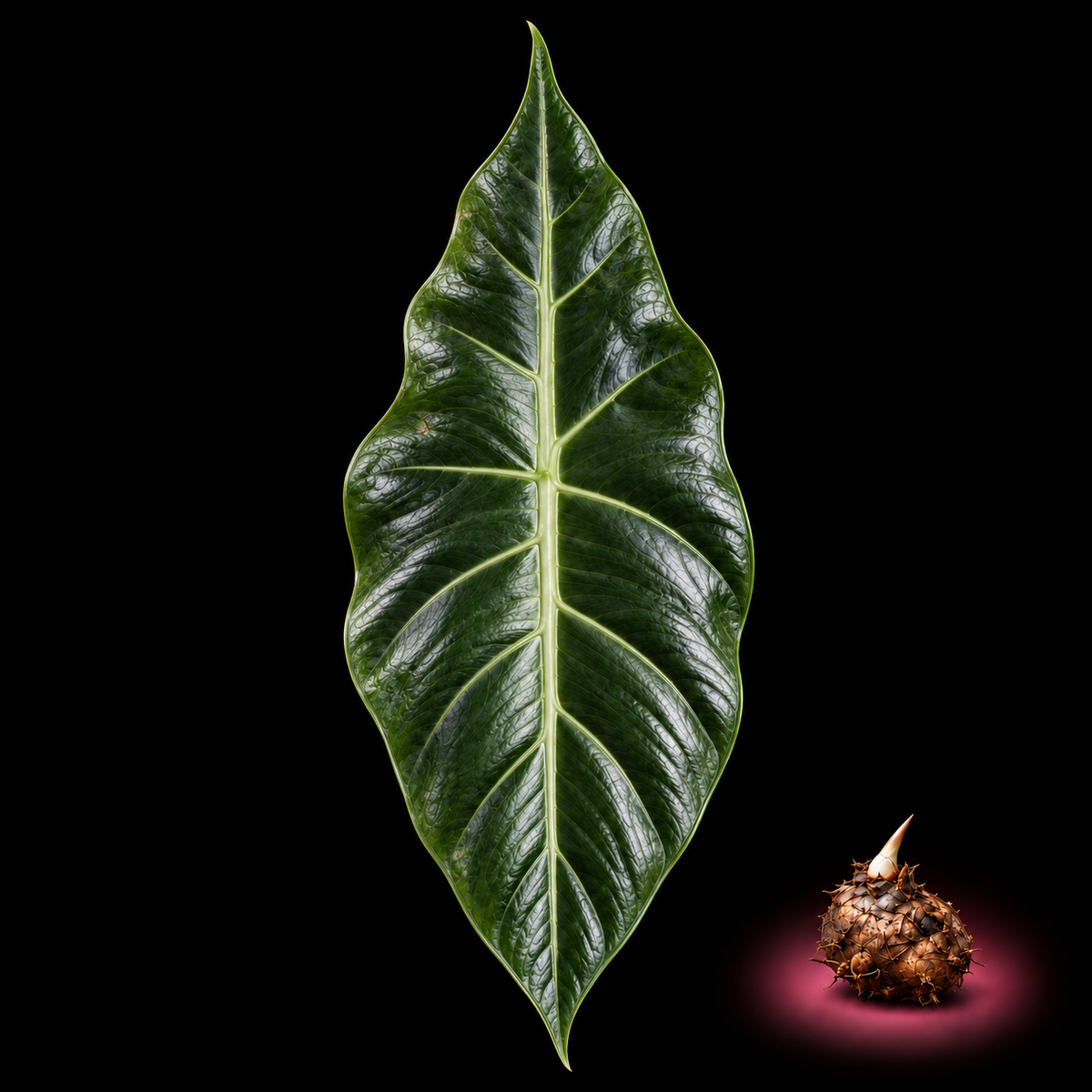 Alocasia fornicata mature leaf with Alocasia corm on black background