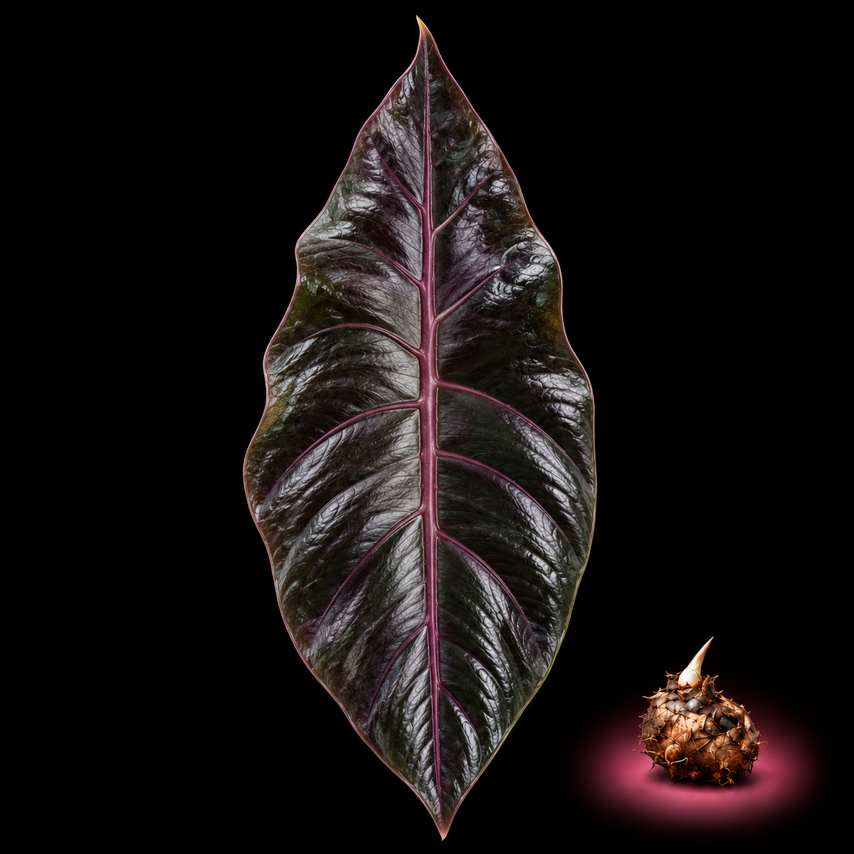 Alocasia heterophylla mature leaf with Alocasia corm on black background